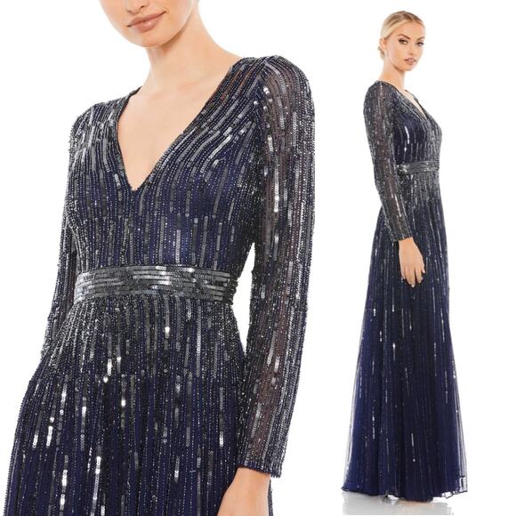 Mac Duggal Sequined V Neck Illusion Sleeve A Line Gown Blue Size 2 NWT $598 4977